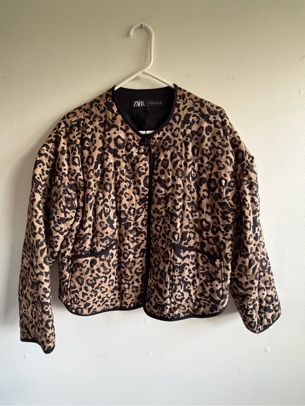 Zara Leopard Print Quilted Bomber Jacket - Tan & Black